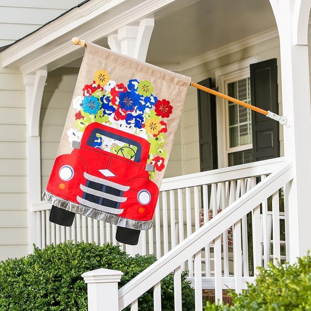 Evergreen Red Truck Flowers House Burlap Full Size Flag - 28 x 44"